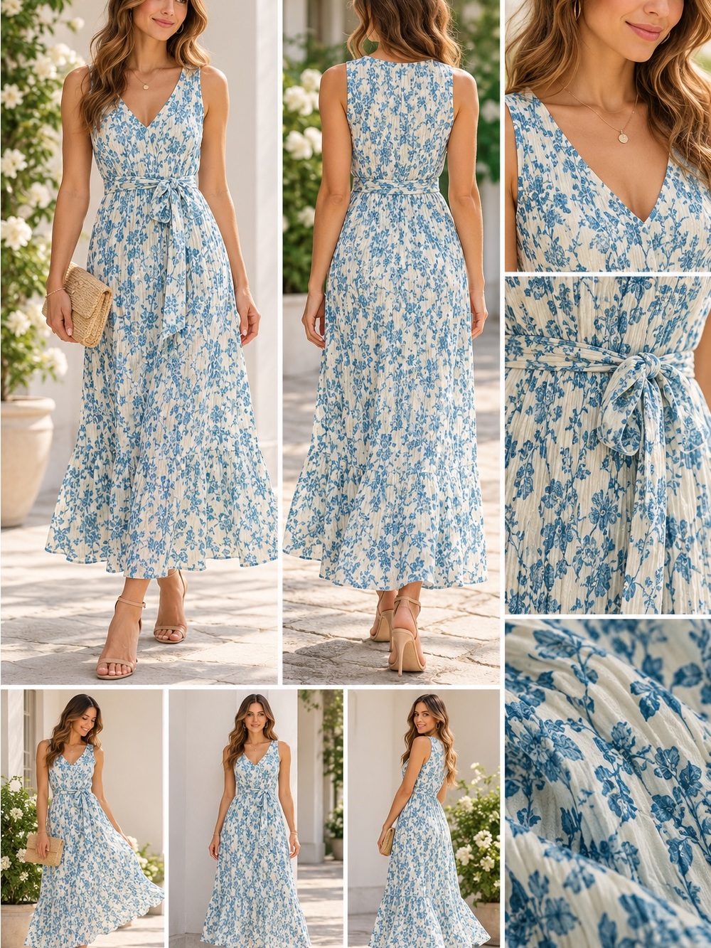 Tuckernuck Jardin de Fleurs Alina Plissé Maxi Dress Blue Ivory Floral S NWT